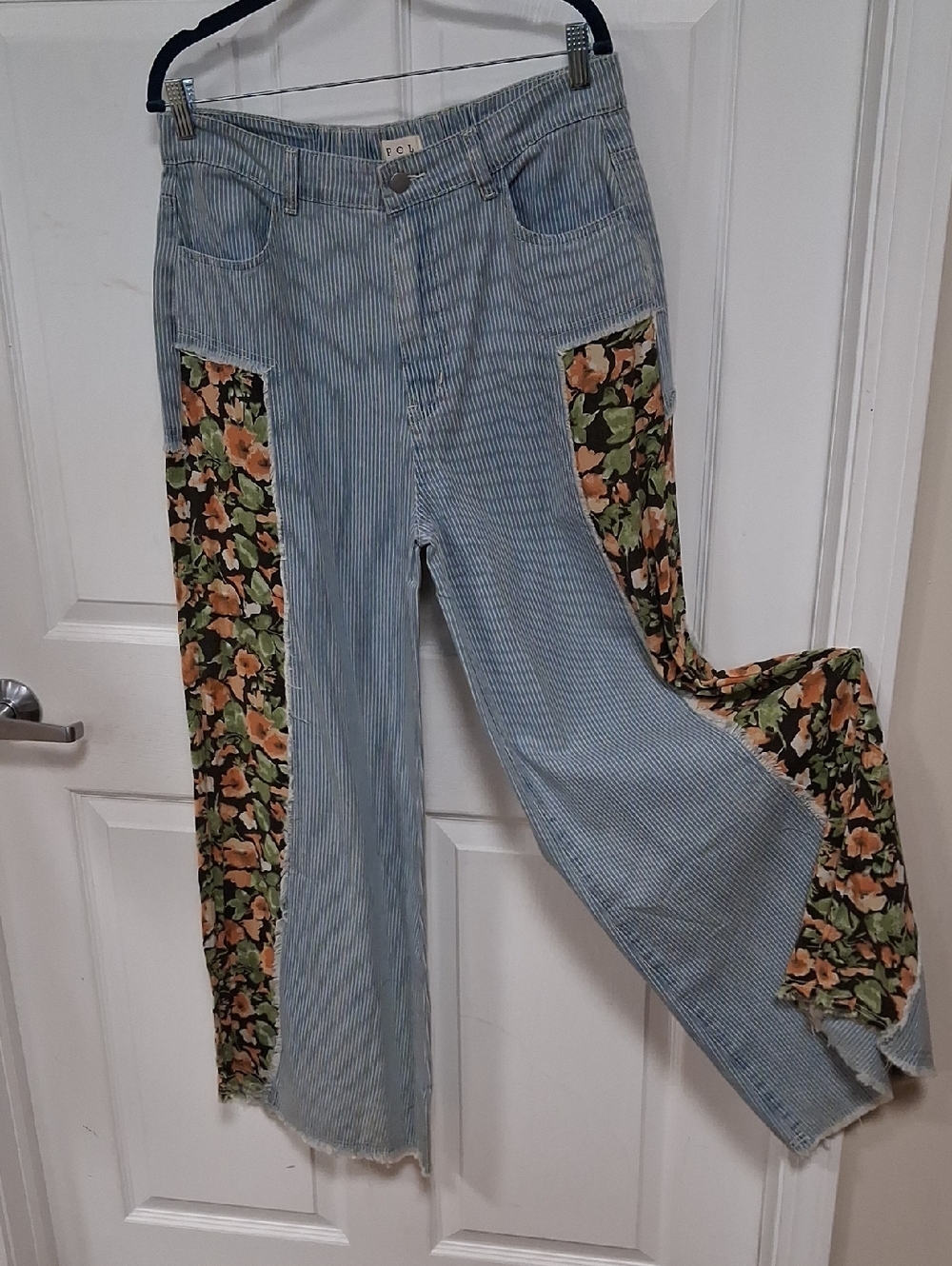 Light Blue Striped Jeans with Floral Side Panels